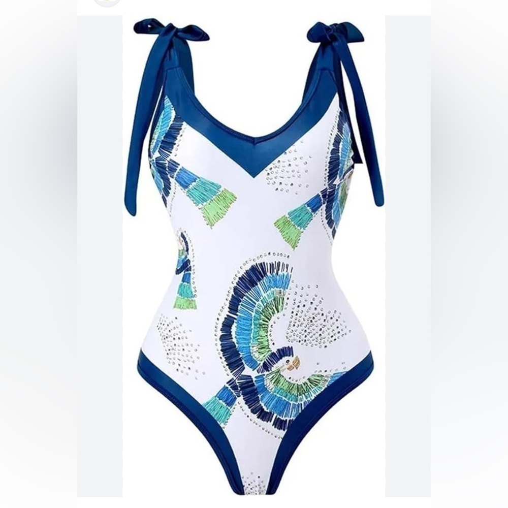 Noracora One Piece NEW WITH TAGS V-Neck Bird Print White has Royal Blue Trim XXL - Picture 2 of 14